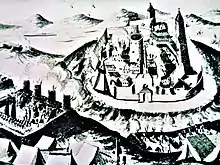 A depiction of 1790 Habsburg siege of the castle.