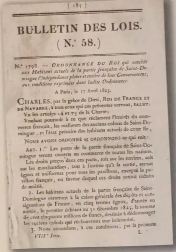 Photograph of the Ordinance in the French Law Bulletin, the Official Gazette of the French government (Law Bulletin, Volume No. 58 – Law No. 1798 – April 17, 1825)