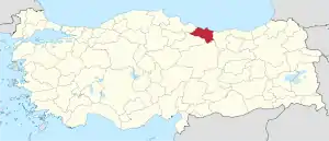 Ordu highlighted in red on a beige political map of Turkeym