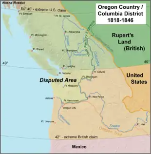 Image 4Map of the Oregon Country, with most heavily disputed area highlighted. The 1846 Oregon Treaty awarded this area to the U.S. (from History of Oregon)