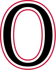 Large black 'O' in front of red and black horizontal stripes