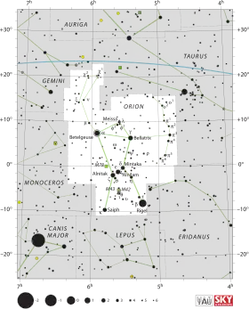 Diagram showing star positions and boundaries of the constellation of Orion and its surroundings