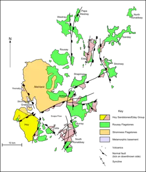 A map of the geology of Orkney. Hoy to the south-west is predominantly formed from Hoy/Eday Sandstones. The Mainland at the centre is largely Stromness flagstones with Rousay flagstones to the east. The smaller North and South Isles are a mixture of Eday and Rousay sandstones.