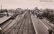 Ormskirk railway station on a postcard dated 1915. The station's layout today is much reduced.