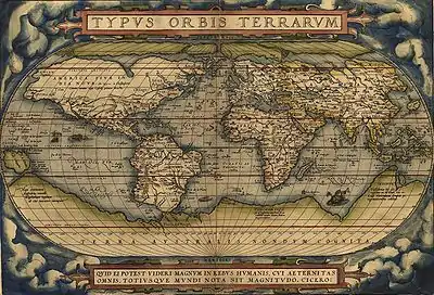 Image 83The 1564 Typus Orbis Terrarum, a map by Abraham Ortelius, showed the imagined link between the proposed continent of Antarctica and South America. (from Southern Ocean)