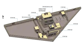 Diagram of terrorist Osama Bin Laden's compound. Contains one large three-story building and several smaller outbuildings. There are large yards on the right and left. Everything is surrounded by a high concrete wall. There are internal walls separating some courtyards for defensive purposes.