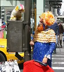 Ms Colombia with a beard dyed orange and in a colorful blue and orange sparkly outfit looking at a white dog also dyed colors perched on top of a box on the street pole