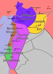 Ottoman Syria until World War I. Present borders in grey.