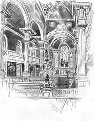 Christ Church Interior (c. 1914) by Joseph Pennell. Gostelowe's baptismal font is in the foreground.