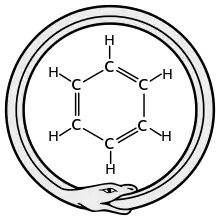 An illustration of a snake eating its own tail encircling a ring-like molecular diagram of Benzene