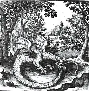 Engraving of a wyvern-type ouroboros by Lucas Jennis, in the 1625 alchemical tract De Lapide Philosophico. The figure serves as a symbol for mercury.