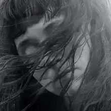 An extreme close-up of a woman's face with long dark hair blowing over it