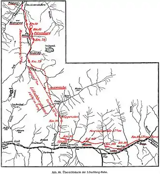 Outline map of the Lötschbergbahn between Spiez and Brig in Switzerland, showing the part from Frutigen to Brig. Note the double loop completed with a 270 degree spiral tunnel between Kandergrund and Felsenburg (ca. km 60 and 70) and the straight stretch of the Lötschberg tunnel between km 75 and 90.