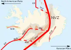 Fig 1. This figure shows the locations of the major deformation zones in Iceland. The thickest line represents the divergent plate boundary.
Legend: RR, Reykjanes Ridge; RVB, Reykjanes Volcanic Belt; WVZ, West Volcanic Zone; MIB, Mid-Iceland Belt; SISZ, South Iceland Seismic Zone; EVZ, East Volcanic Zone; NVZ, North Volcanic Zone; TFZ, Tjörnes Fracture Zone; KR, Kolbeinsey Ridge; ÖVB, Öræfajökul Volcanic Belt; SVB, Snæfellsnes Volcanic Belt. The legend for the basalt regions is the same as below.