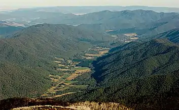 View from the summit of the Ovens Valley and MUMC hut (extreme bottom of frame).