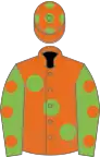 Orange, light green large spots, light green sleeves, orange spots, orange cap, light green spots