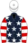 Dark blue, white stars, red and white hooped sleeves, white cap