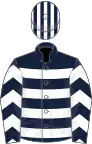 Dark blue, white hoops, chevrons on sleeves, striped cap