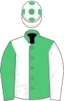 Emerald green and white halved, sleeves reversed, white cap, green spots