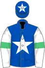 Royal blue, white star, white sleeves, emerald green armlets, royal blue cap, white star