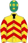 Yellow, red chevrons, emerald green cap, yellow spots