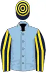 Light blue, dark blue and yellow striped sleeves, dark blue and yellow hooped cap