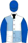 White and light blue (quartered), royal blue sleeves and cap