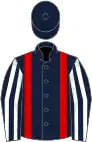 Dark blue, red braces, dark blue and white striped sleeves