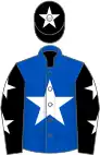 Royal blue, white star, black sleeves, white stars, black cap, white star