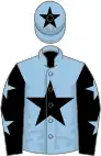 Light blue, black star, black sleeves, light blue stars, light blue cap, black star