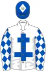 White, royal blue cross of lorraine, royal blue diamonds on sleeves, blue cap, white diamond