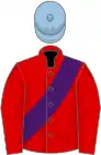 Red, purple sash, light blue cap