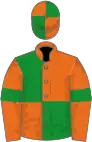 Orange and green (quartered), orange sleeves, green armlets, quartered cap