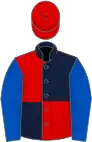 Dark blue and red (quartered), royal blue sleeves, red cap