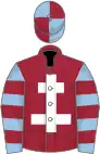 Maroon, white cross of lorraine, light blue and maroon hooped sleeves, quartered cap