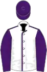 White, purple seams, sleeves and cap