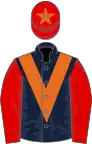 Dark blue, orange chevron, red sleeves, red cap, orange star