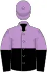 mauve and black halved horizontally, mauve and black halved sleeves, mauve cap