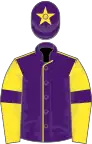 Purple, yellow seams, yellow sleeves, purple armlets, purple cap, yellow star