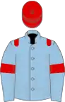 Light blue, red epaulets, light blue sleeves, red armlets, red cap