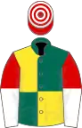 Dark green and yellow quartered, red and white halved slvs, red and white hooped cap