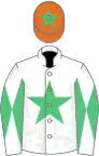 White, emerald green star, diabolo on sleeves, orange cap, green star