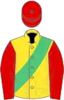 Yellow, emerald green sash, red sleeves and cap