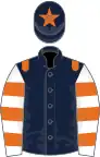 Dark blue, orange epaulets, white and orange hooped sleeves, dark blue cap, orange star