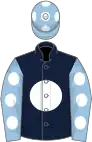 Dark blue, white disc, light blue sleeves, white spots and cap