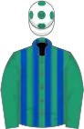 Emerald green and royal blue stripes, emerald green sleeves, white cap, emerald green spots