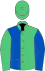 Emerald green and royal blue halved, sleeves reversed, emerald green cap