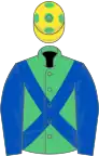 Emerald green, royal blue cross sashes, royal blue sleeves, yellow cap, green spots