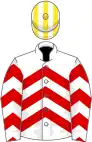 White and red chevrons, white and yellow striped cap