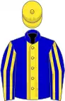 Blue, yellow stripe, striped sleeves, yellow cap